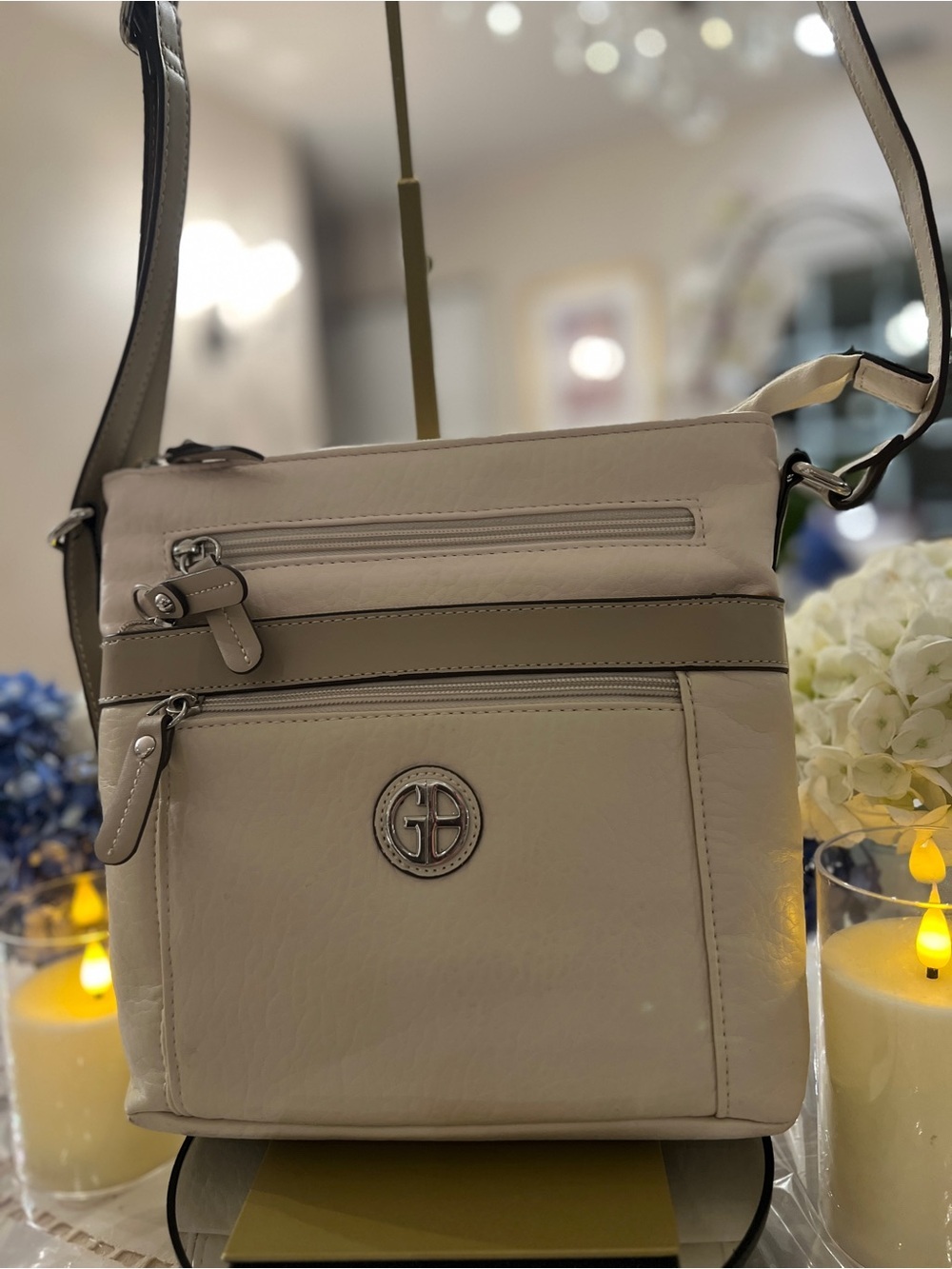 Bernini Triple Zip Organizer Crossbody | Ivory & Khaki | Macy’s Exclusive | EUC
